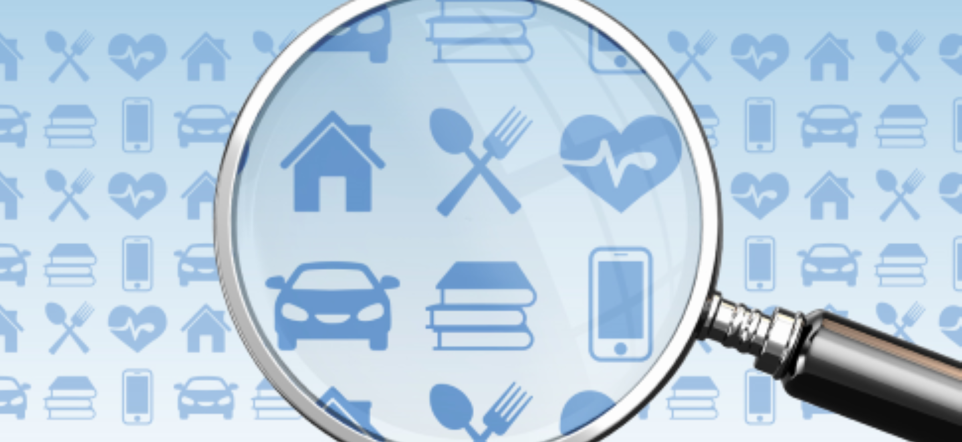 A magnifying glass zooms in on a set of icons representing different categories of basic expenses. 